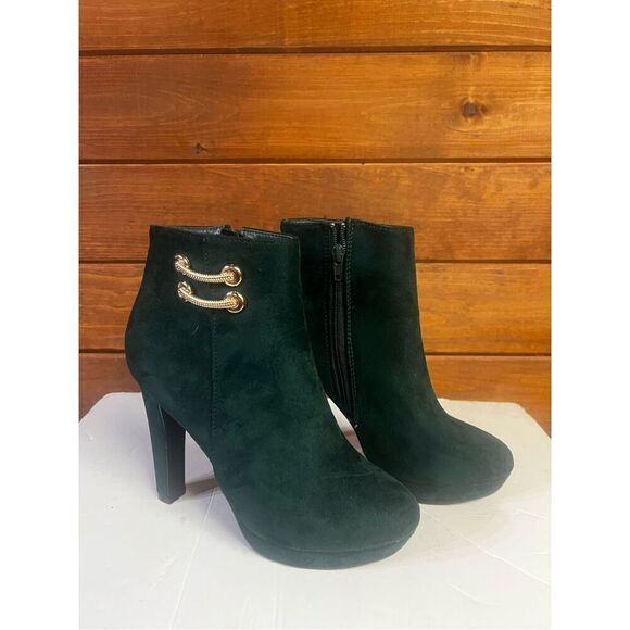 Allegra K Women's Round Toe Side Zipper Block High Heel Ankle Boots Evergreen Sz - Picture 1 of 8